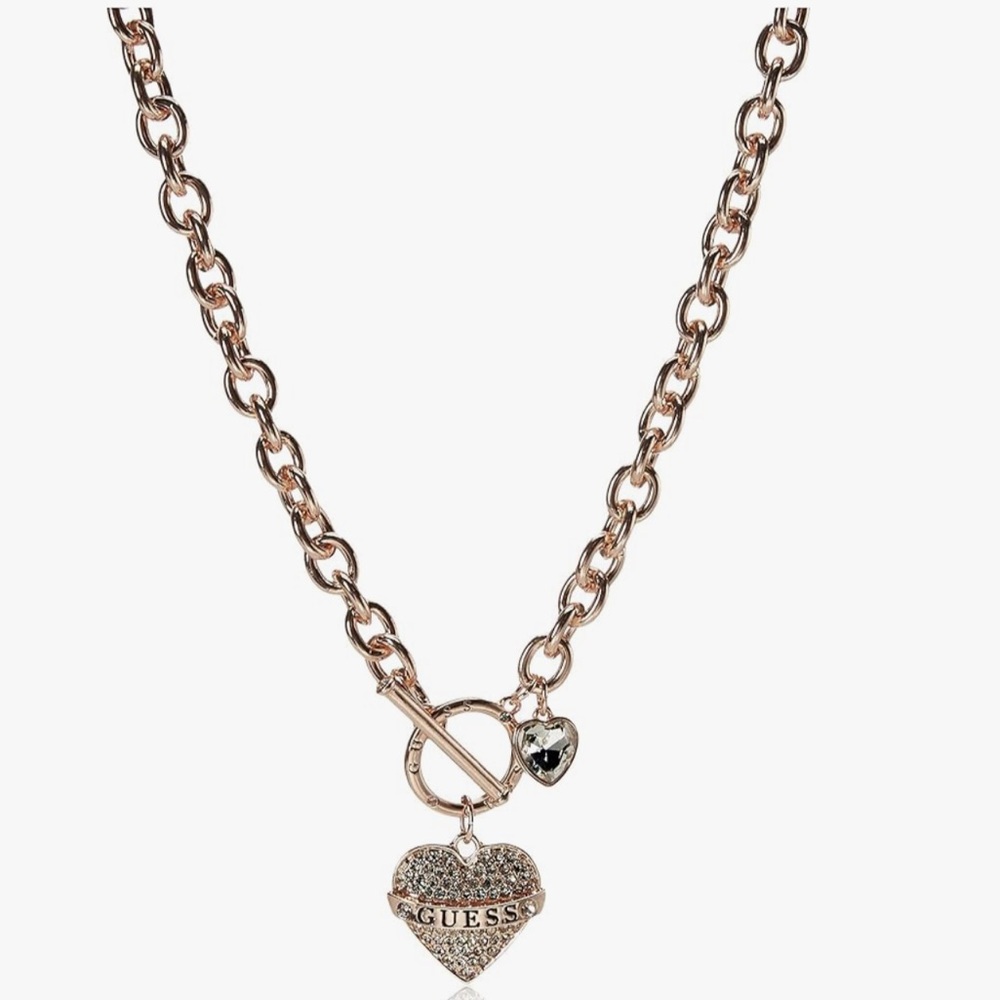 Heart GUESS Women's Toggle Logo Charm Necklace, Rose Gold, One Size